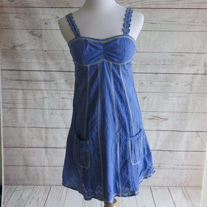 Miss Me Blue Beige Trim Embroidered Lined Sleeveless Summer Dress - Size Small